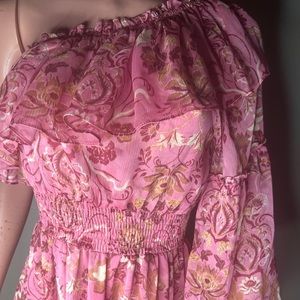 Misa, pink flowers, one shoulder/arm maxi dress.